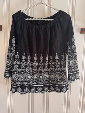 Talbots Black Blouse with White Floral Embroidery